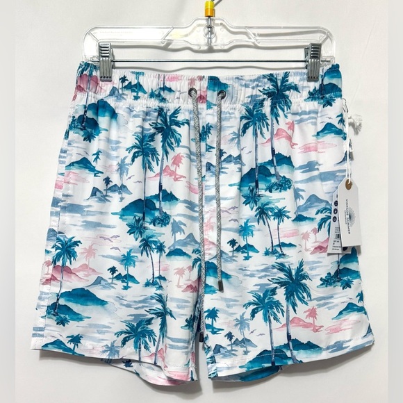 VINTAGE SUMMER 4-Way Stretch Volley Swim Trunk Shorts Tropical Men’s Medium NWT - Picture 1 of 12